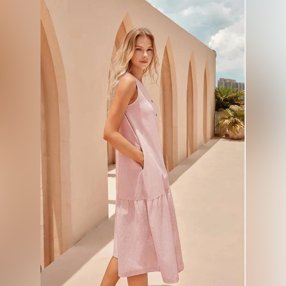 Lintico Shop “Celine” Linen Vacation Dress V Neck Mid Length Size M Pink NWT - Picture 2 of 5